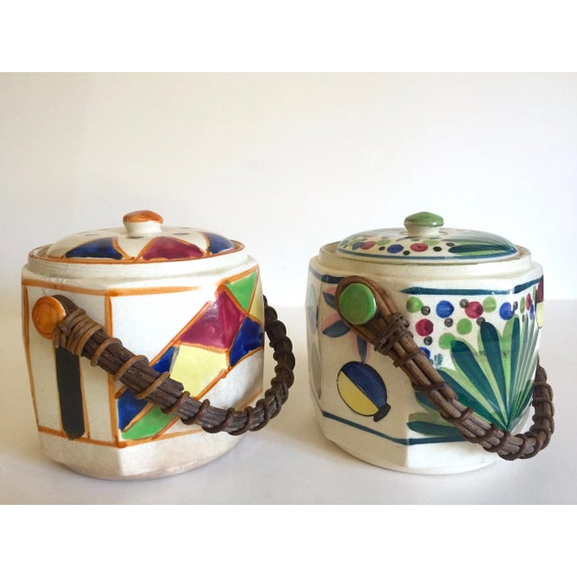 Art Deco Vintage 1930's Art Deco Japan Hand Painted Porcelain Handled Ceramic Biscuit Barrel Jars - Set of 2 For Sale - Image 3 of 13