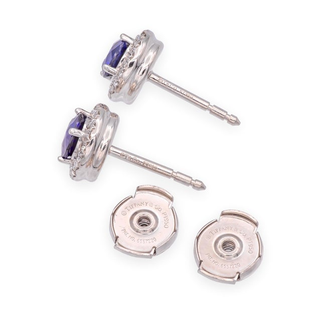 Early 21st Century Tiffany & Co. Platinum Soleste Halo Round Sapphire and Diamond Stud Earrings 1ct, A Pair For Sale - Image 5 of 9