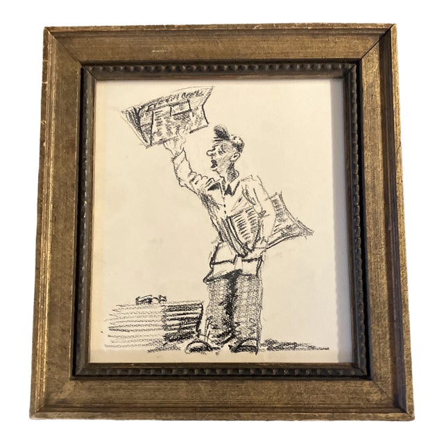 1940’s Original Charcoal Drawing Paperboy Framed Chairish