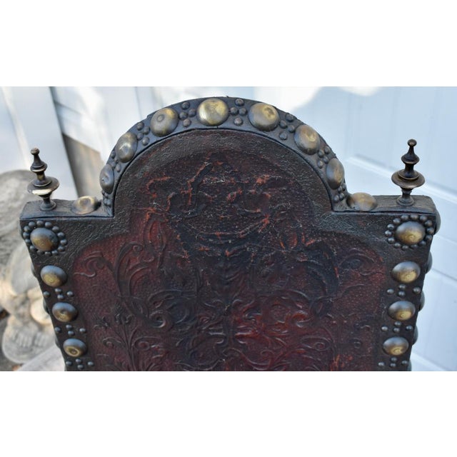 Antique Tudor Carved Walnut & Tooled Leather High Back W/Brass Studs & Finials For Sale - Image 4 of 12