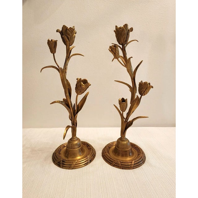 Late 19th Century Art Nouveau Brass Tulip Candle Holders - A Pair For Sale - Image 4 of 10