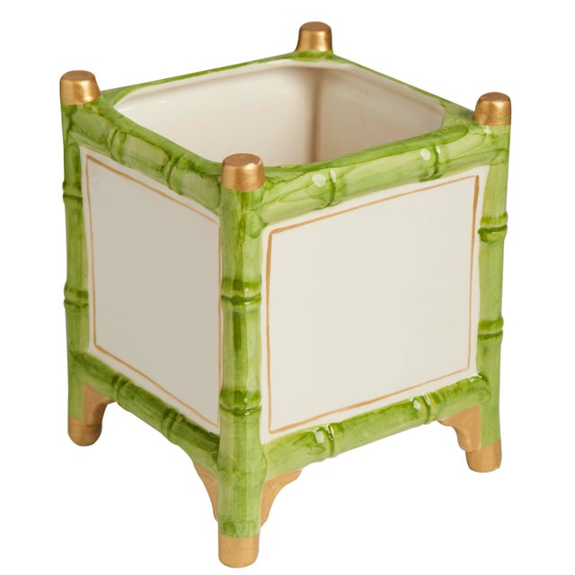 Hollywood Regency Bamboo Cachepot, Green/White/Gold, Large For Sale - Image 3 of 3