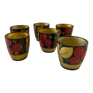 Vintage Russian Folk Art Khokhloma Handpainted Wooden Cups - Set of 6
