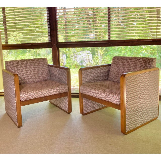 Milo Baughman Style Cube Chairs, a Pair Cube Sides, Open Bottom Solid Walnut Frame Surround High MCM Style & Very Comfortable
