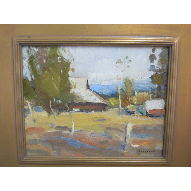 Eric Jacobsen (American, 1966) impressionist landscape oil painting on board, titled at back 'The Hay Barn' Jacobsen is...
