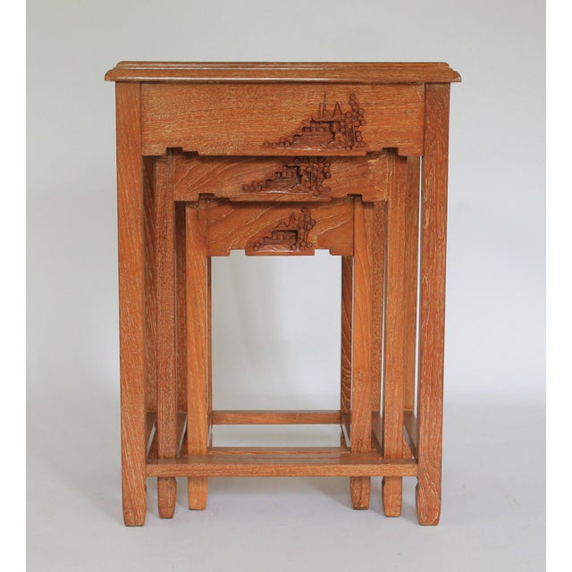Wood 20th Century Hong Kong Carved Nesting Tables S/3 For Sale - Image 7 of 12