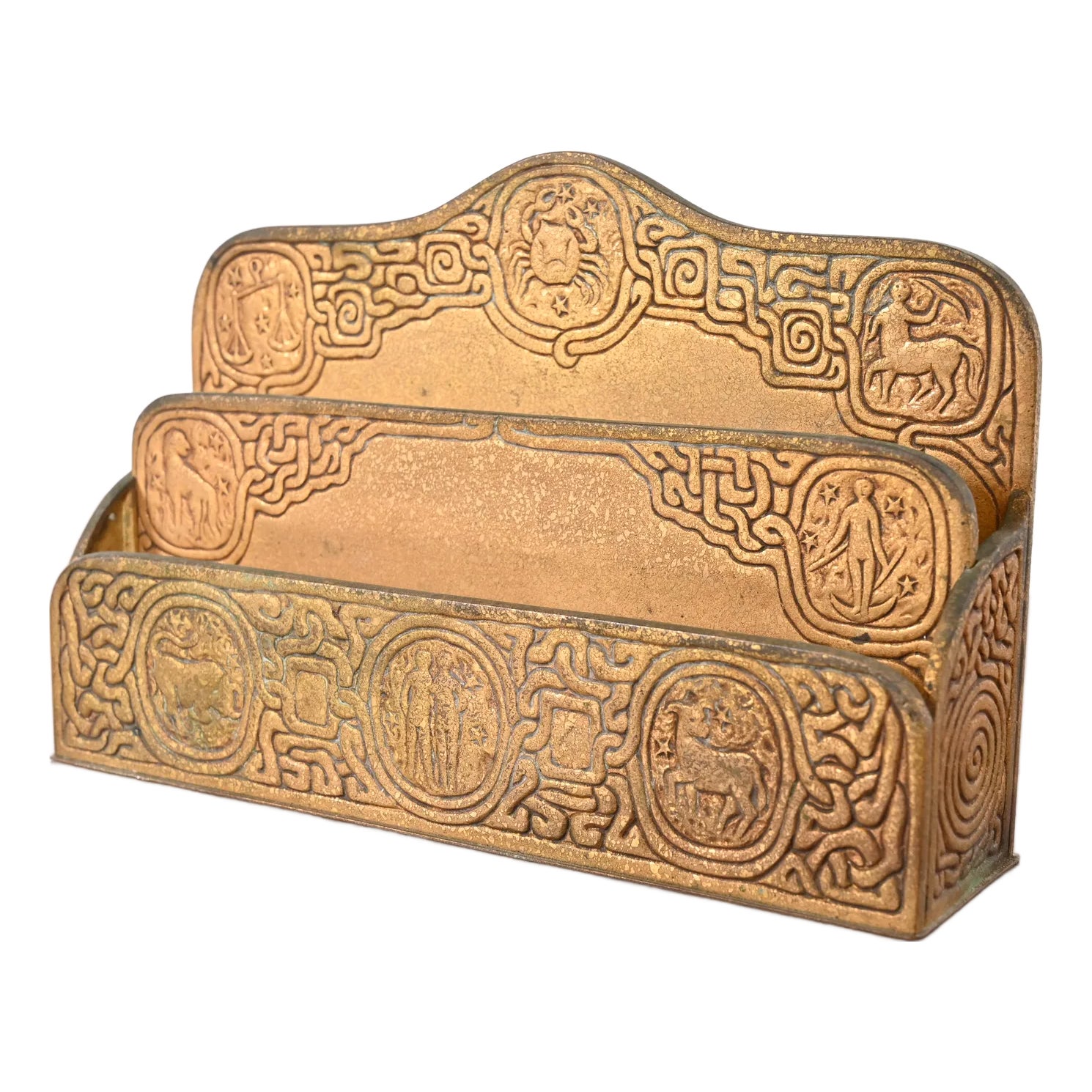 Tiffany Studios New York Zodiac Pattern Bronze Doré Letter Rack | Chairish
