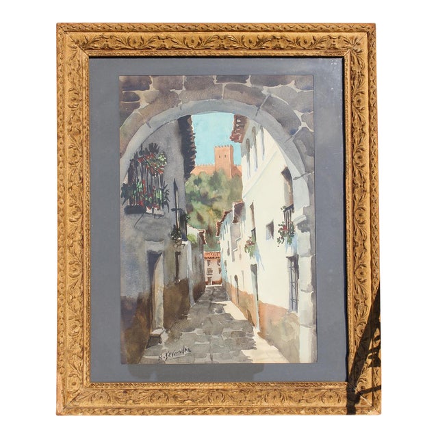 Watercolor Street Scene Painted by the Spanish Artist, Nicolás Bermúdez For Sale