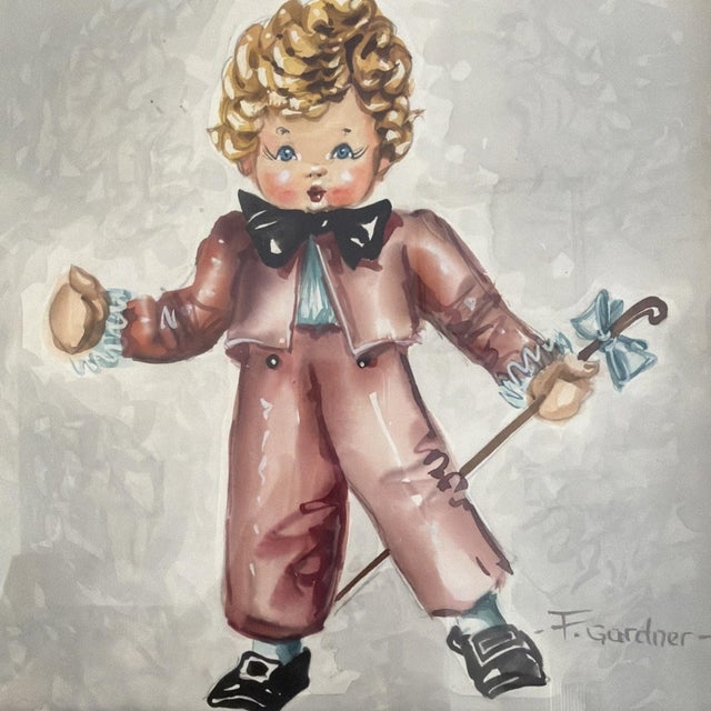 Vintage Mid Century Child Watercolor Paintings Signed F. Gardener Matched Pair For Sale - Image 13 of 14