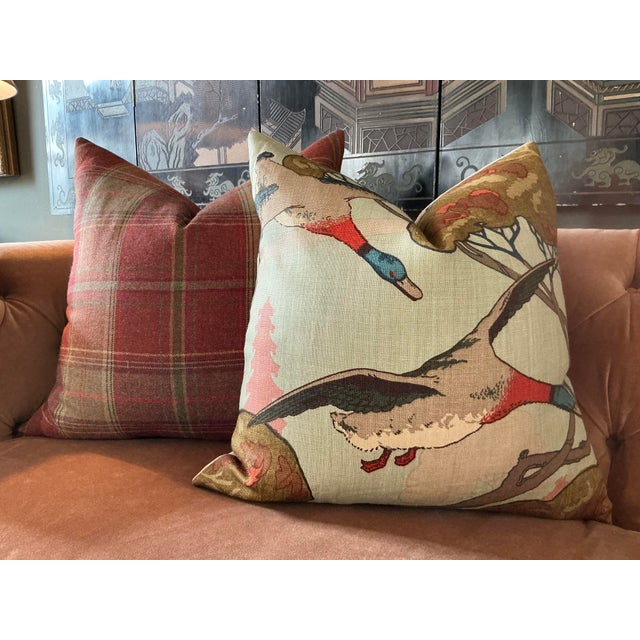 Mid-Century Modern Lee Jofa “Flying Ducks" in Sky 22" Down-Filled Pillows - a Pair For Sale - Image 3 of 3