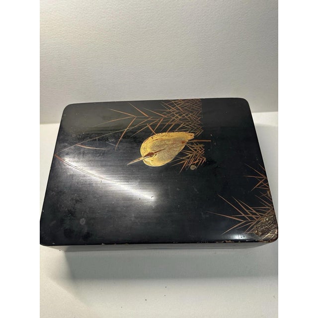 Antique Shikki Japanese Lacquer Box with Makie Crane For Sale - Image 3 of 13