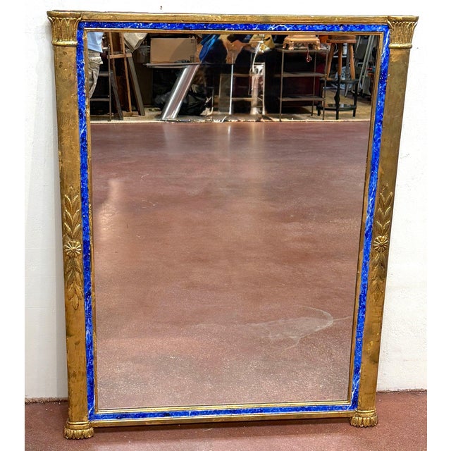 Wood Italian Neoclassical Lapis-Blue Enameled Giltwood Mirror, 1960s For Sale - Image 7 of 16