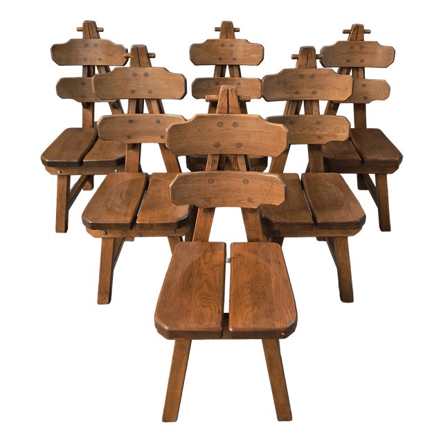 Brutalist Oak Rembrandt Chairs, 1970s, Set of 6 For Sale