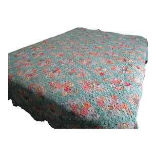 Jadeite Feedsack Yo Yo Quilt Trellis Pattern Floral Diamond Edges Queen Handmade 1930's For Sale