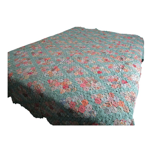 Jadeite Feedsack Yo Yo Quilt Trellis Pattern Floral Diamond Edges Queen Handmade 1930's For Sale