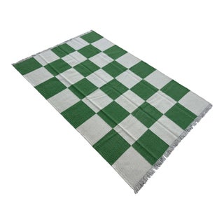 Handmade Woolen Flat Weave Rug, Moss Green and White Checker Board Dhurrie - 5'x8' For Sale