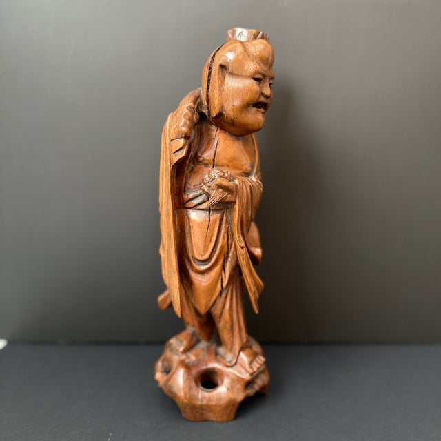 Hand Carved Wood Happy Buddha Statue With Candle Holder For Sale - Image 9 of 12