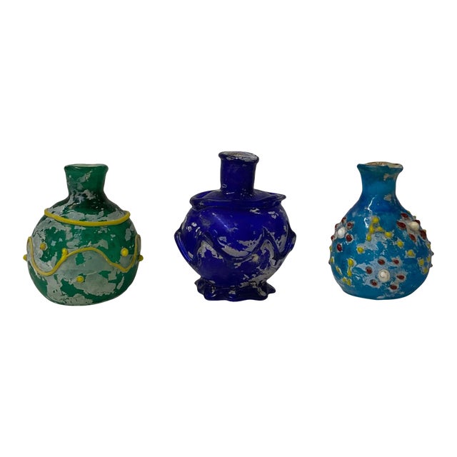 Contemporary Distressed Look Color Glass Small Bottle Vases- 3 Pieces For Sale
