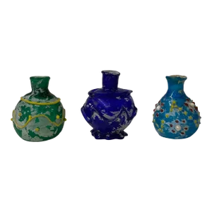 Contemporary Distressed Look Color Glass Small Bottle Vases- 3 Pieces