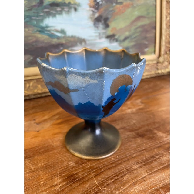 Metal Vintage English Hand-Painted Pedestal Vase With Scenic Silhouette, Marked Made in England For Sale - Image 7 of 10