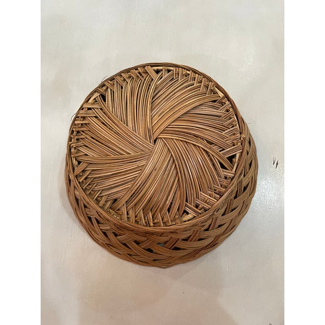 Vintage Artisan Handcrafted Round Rattan Basket For Sale - Image 4 of 11