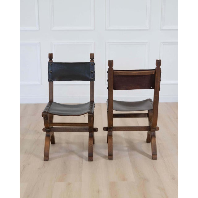 Brown Set of Six Mid-20th Century Spanish Walnut and Leather Dining Chairs For Sale - Image 8 of 9