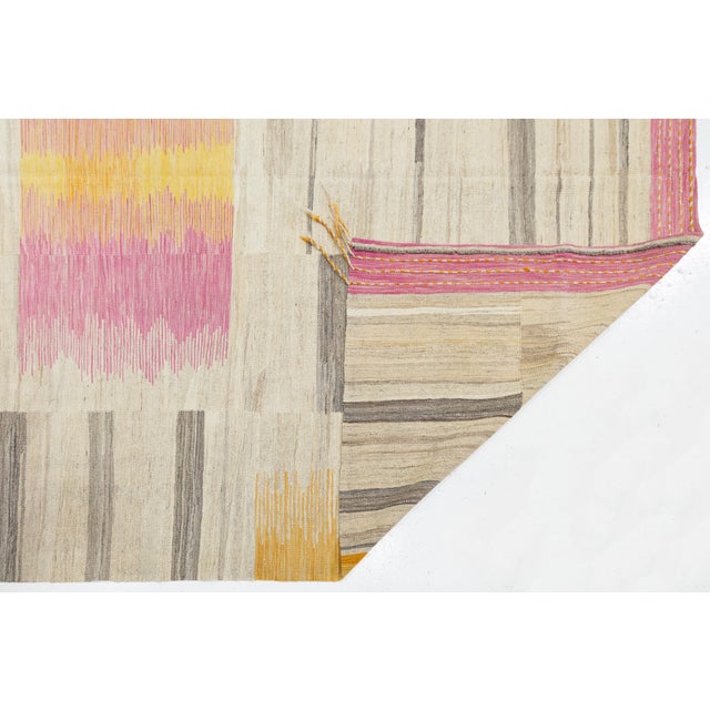 Contemporary Contemporary Minimalist Wool Kilim Rug With Abstract Ikatesque Accents in Rose For Sale - Image 3 of 12
