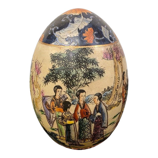 Satsuma-Style Polychrome Porcelain Ornamental Egg With Court Ladies For Sale