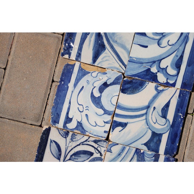Antique 18th Century Portuguese Blue & White Tiles Featuring Ornamental Acanthus Curves Set of 6 For Sale - Image 4 of 8