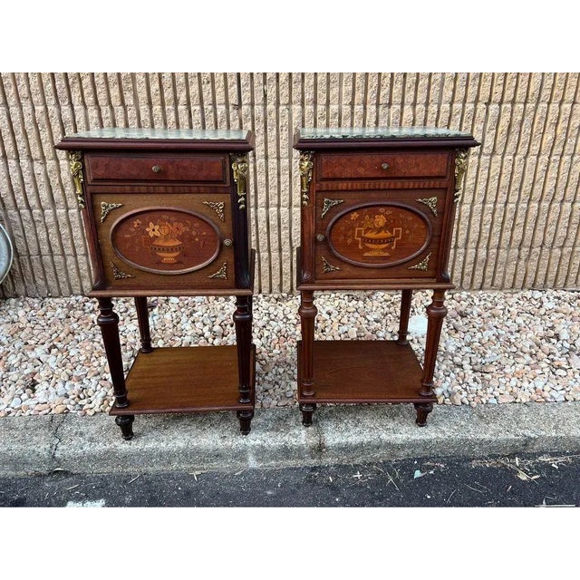 Wood Pair Louis XVI Style Ormolu Mounted Marquetry Mahogany Marble Top Bedside Tables, 19th Century For Sale - Image 7 of 12