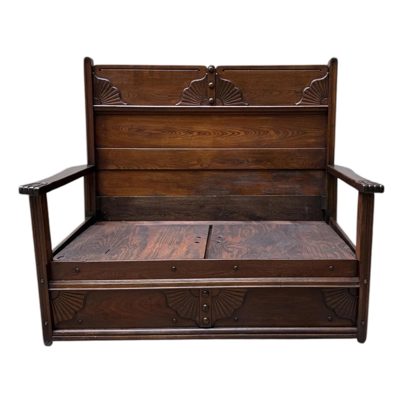 Antique Victorian Eastlake High Back Box Settle Bench With Storage