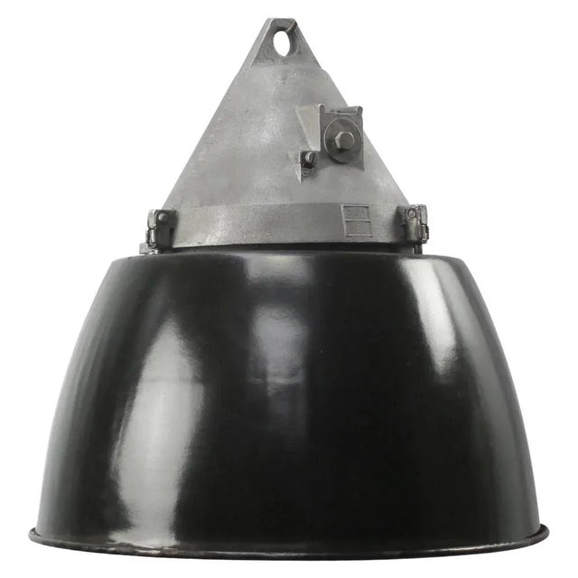 1950s Vintage Industrial Black Enamel & Clear Glass Factory Pendant Light For Sale - Image 5 of 5