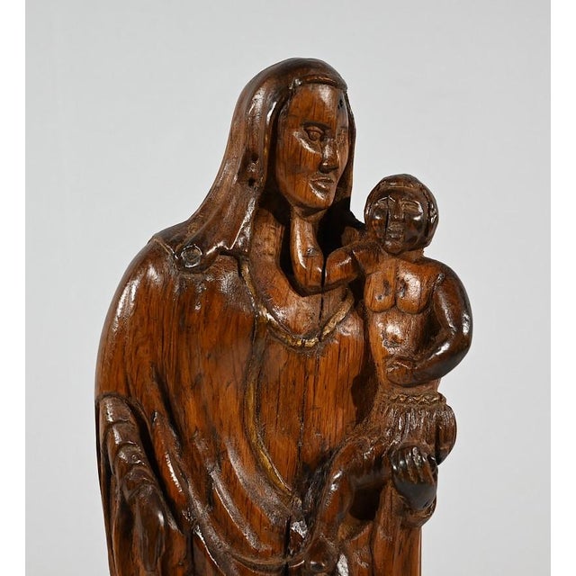 Olive Wood Virgin & Child Sculpture, Late 19th Century For Sale - Image 5 of 16