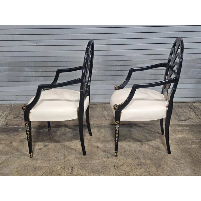 Late 20th Century Pair of Karges Hepplewhite Plum Arm Chairs Ebonized, Carved Hand Painted Leather Fabric For Sale - Image 14 of 14