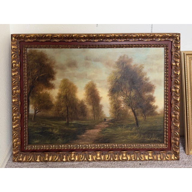Early 20th Century Large Antique European School Oil/Canvas Painting Signed Landscape Ornate Framed For Sale - Image 5 of 12