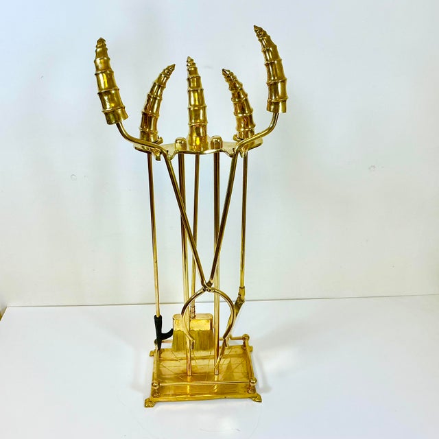 1970s Vintage Hollywood Regency Brass Blesbok Antelope Horn Fireplace Tools - Set of 5 For Sale - Image 11 of 16