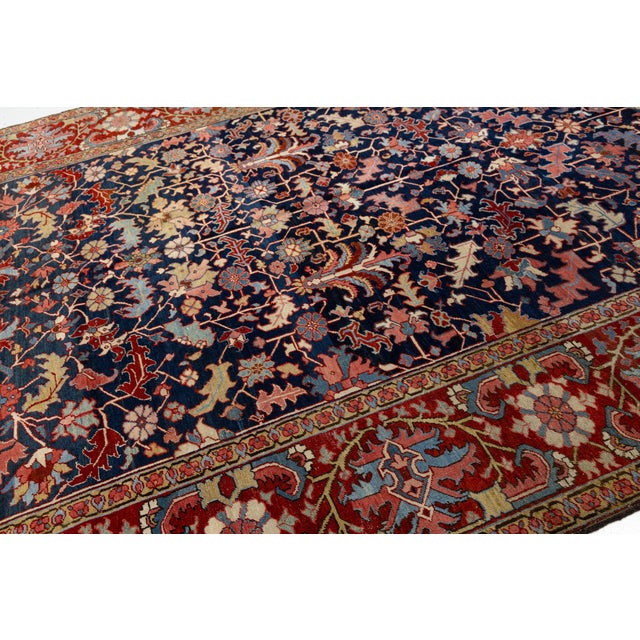 Textile 19th Century Antique Heriz Style Wool Rug With Deep Indigo All-Over Floral For Sale - Image 7 of 11