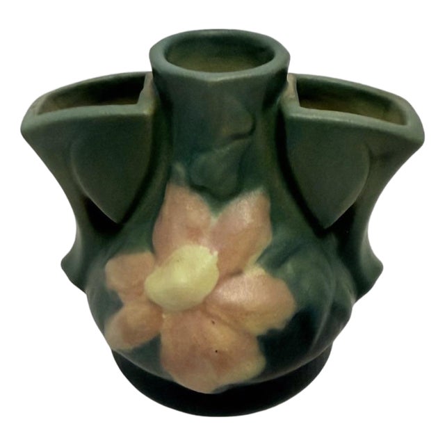 Vintage Roseville Pottery Clematis Flower Frog (Shape 50) Green Glaze 1944 E-4. For Sale