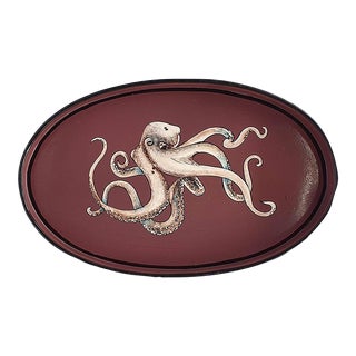 Les Ottomans Fauna Octopus Handpainted Oval Iron Tray in Maroon For Sale