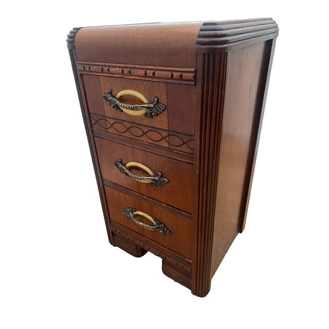 Gorgeous Art Deco Nightstand, Bed Side Table with Three Drawers, Brass and Bakelite Handles, Waterfall Top. 26" Tall x 13"...