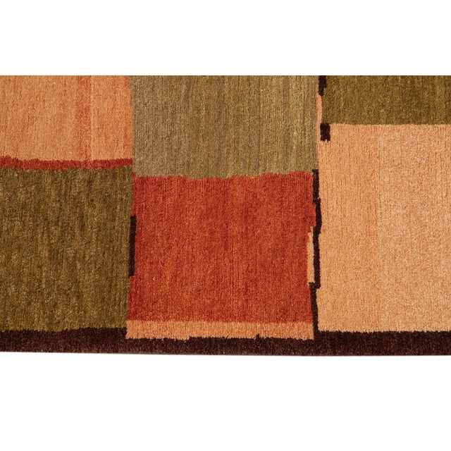 2010s 2010s Modern Wool & Silk Tibetan Rug With Geometric Design in Green & Orange For Sale - Image 5 of 7