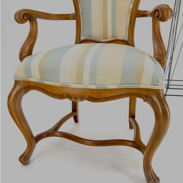 Pair Carved Striped Upholstery Tall Backs Carved Walnut Scallop Design Decorated For Sale - Image 11 of 17
