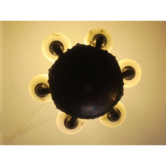 Boho Chic Antique Bronze and Alabaster Chandelier with Verdigris Patina, 1910 For Sale - Image 3 of 12