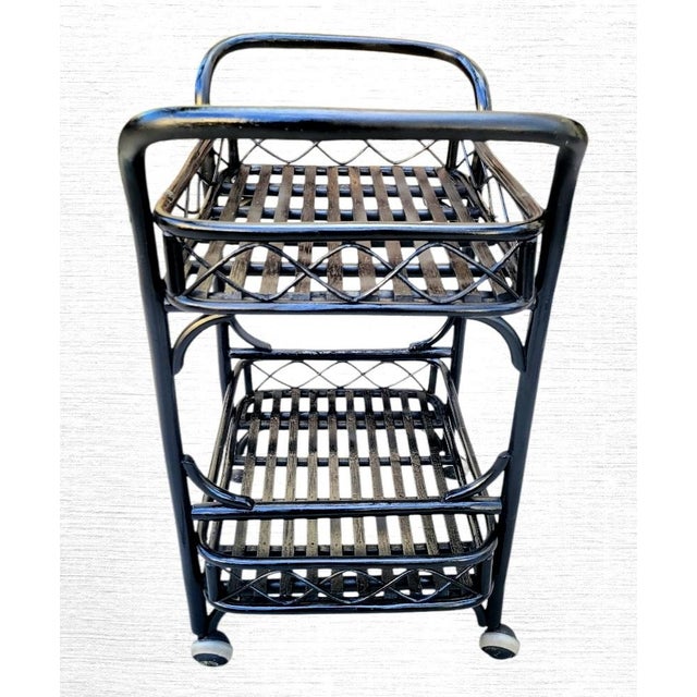 Coastal Vintage Painted Black Gloss Rattan Coastal Regency Rolling Bar Cart With Silverware Tray For Sale - Image 3 of 8