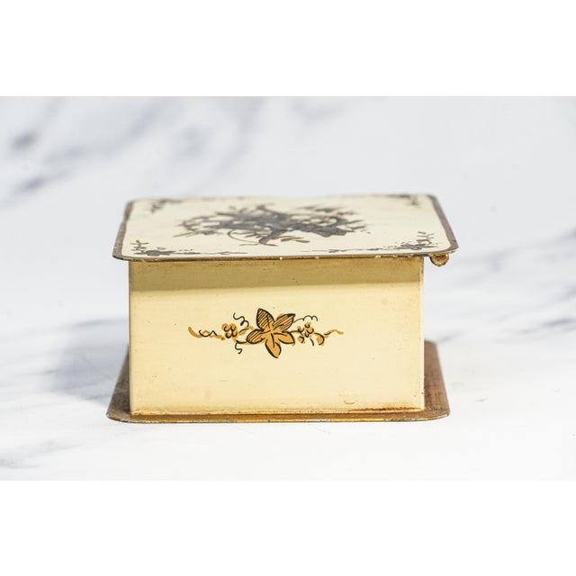 Neat Vintage French Hand Painted Pressed Metal Trinket Jewelry Desk Box Home Decor For Sale - Image 10 of 12