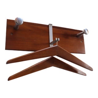 Vintage Walnut and Anodized Aluminum Wall Mounted Coat Rack With Two Hangers For Sale