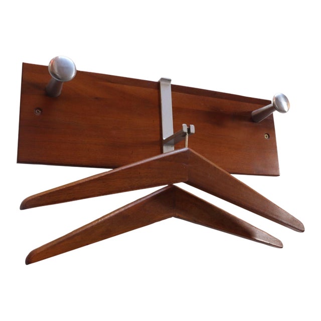 Vintage Walnut and Anodized Aluminum Wall Mounted Coat Rack With Two Hangers For Sale