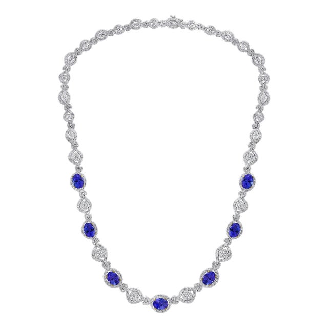 11 Carat Oval Tanzanite and 12 Carat Diamonds Necklace 18 Karat Gold Estate For Sale