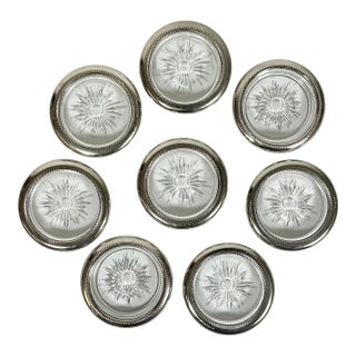 1950s Vintage Italian Glass & Silver Plate Leonard Blackinton Coasters - Set of 8. For Sale