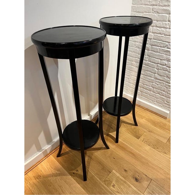 A fine pair of late 19th century ebonised wood plant stands with two tier display tables standing on 4 semi curved legs ....